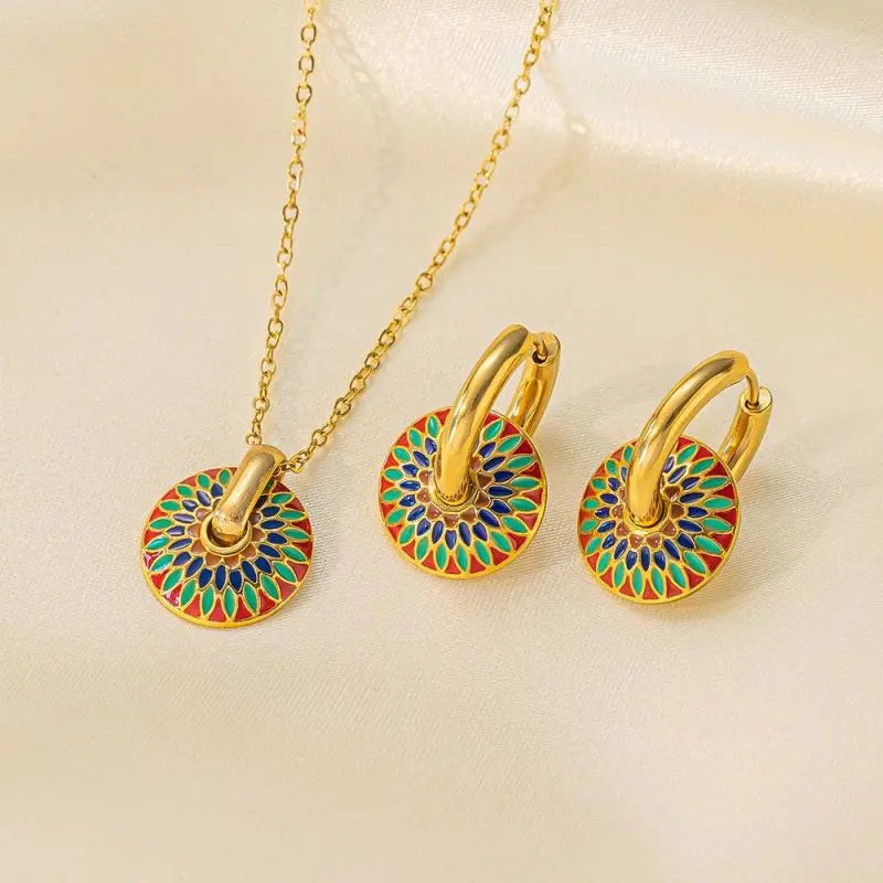Vintage Fashion 304L Stainless Steel 18k Gold Plated Colorful Drip Oil Daisy  Jewelry Set  Bohemia Tiny Hoop Earring for Women