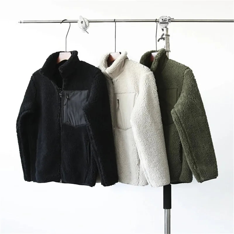 Winter Custom Logo Outdoor Polar Fleece Jacket with Cotton Filling Stand Collar Knitted Fabric Embroidery