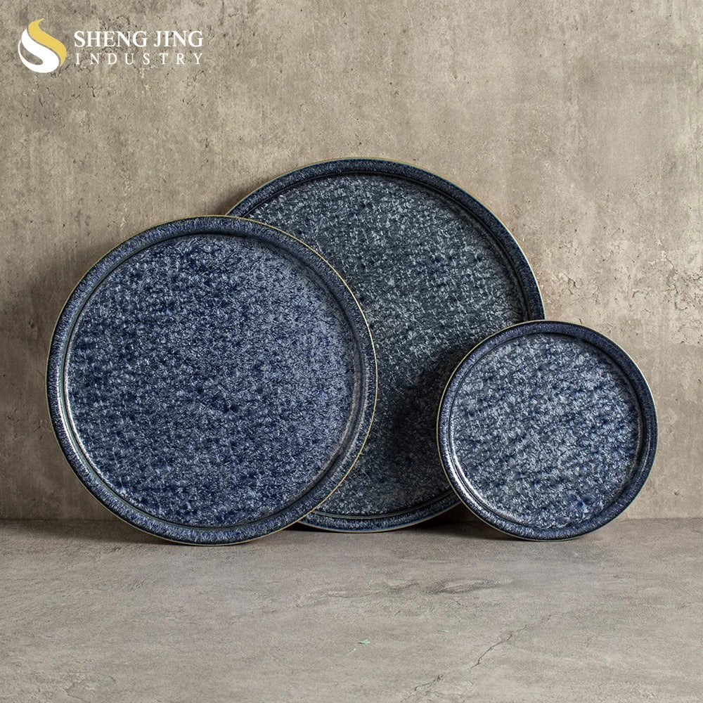 Japanese Kiln Blue Glaze Charger Ceramic Plate Steak Dishes Porcelain Round Pasta Salad Appetizer Plate for Restaurant Tableware