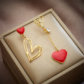 Non Tarnish Gold Plating Stainless Steel Zircon Enamel Red Heart Drop Earrings for Women Statement Asymmetric Ear Jewelry