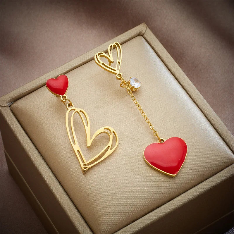 Non Tarnish Gold Plating Stainless Steel Zircon Enamel Red Heart Drop Earrings for Women Statement Asymmetric Ear Jewelry