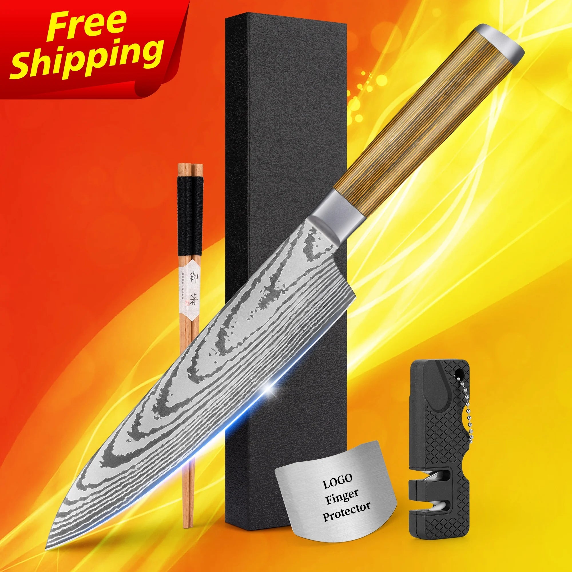 Free Shipping SkyCook 8 Inch Damascus Steel 8pcs Japanese Chef Knife Set With Colorful Yellow Pakka Wood Handle