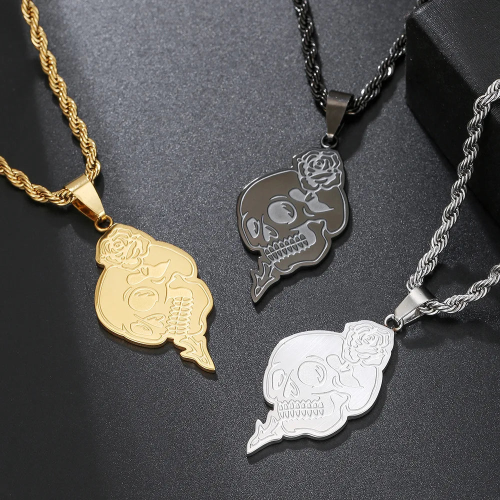 Collar De Acero Inoxidable Stainless Steel Punk Gothic Rose Skull Pendant Necklace for Men Titanium Steel Gold Plated Jewelry