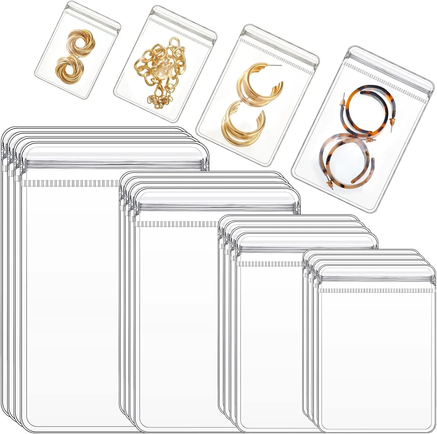 200 Pcs Anti Tarnish Clear Plastic Jewelry Bags Self Seal PVC Earrings Necklace Pouch Small Zipper 4 Sizes Display Rack Jewelry