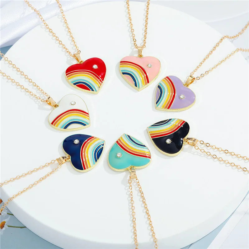 Y2K Sweet Rainbow Enamel Love Heart Pendant Necklace Cute Gold Plated Rhinestone Heart Shaped Choker with Trendy Link Chain
