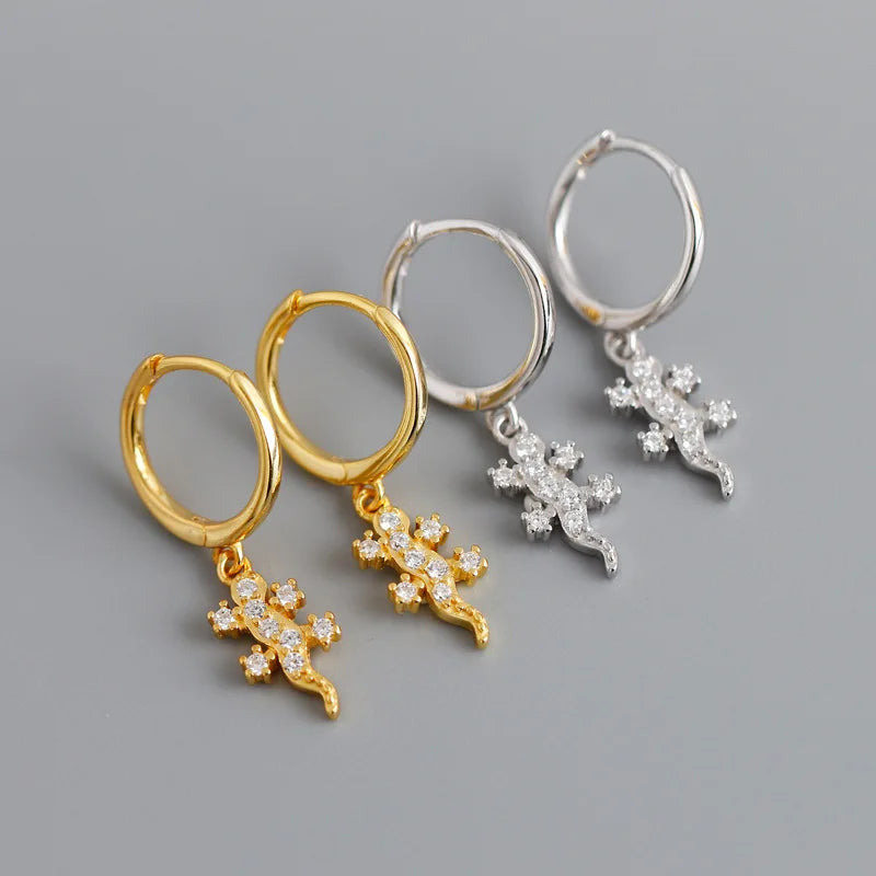 Luxury Pendant Earrings 925 Sterling Silver Jewelry Unique Lizard Design Diamond Hoop Earrings