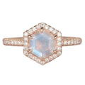 925 Sterling Silver Blue Natural Moonstone Jewelry Rose Gold Halo Hexagon Moonstone Ring