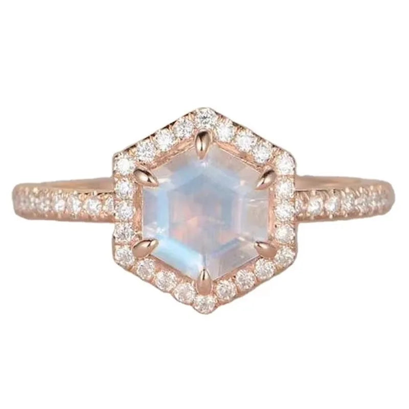 925 Sterling Silver Blue Natural Moonstone Jewelry Rose Gold Halo Hexagon Moonstone Ring