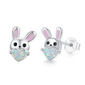 Fine Jewelry 925 Sterling Silver Cute Rabbit Heart Opal Stud Earrings for Women