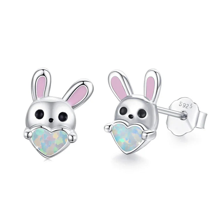 Fine Jewelry 925 Sterling Silver Cute Rabbit Heart Opal Stud Earrings for Women