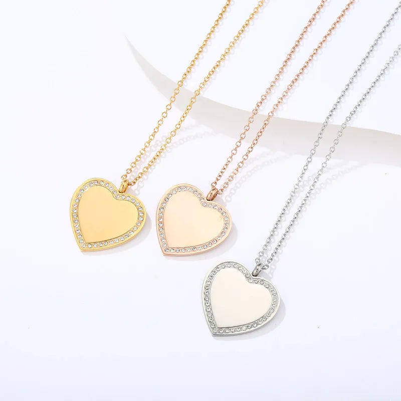 2025 Fashion Personalized Diamond Heart Laser Necklace with Link Chain Gold Silver Plated Stainless Steel Low MOQ for Men