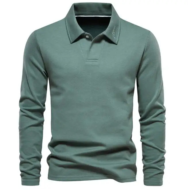 Spring and Autumn New Men's Washed Long Sleeved T-shirt Casual Solid Color Lapel Collar Trendy Versatile Polo