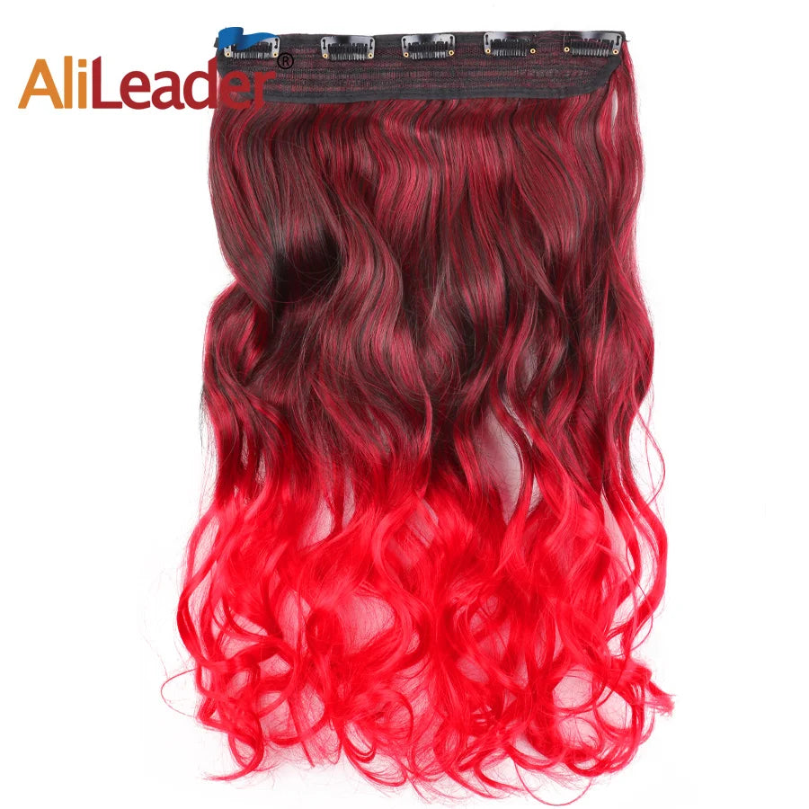 Women One Piece Curly Body Wave Heat Resistance Ombre Red Synthetic Clip in Hair Extension
