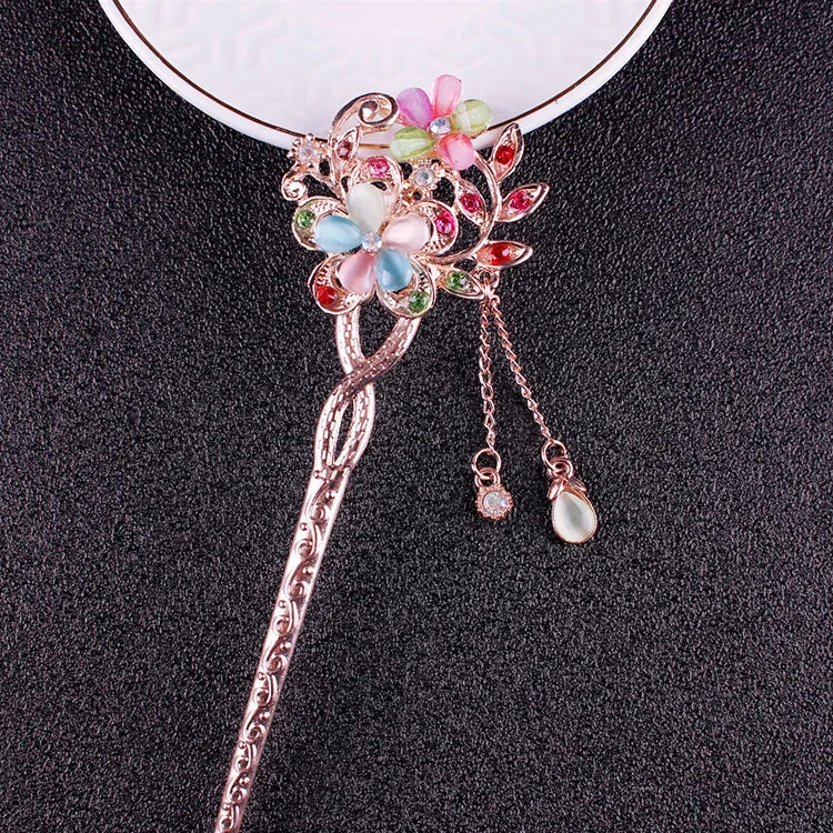 Chinese Cat Eye Stone Hair Pin Double Flower Hairstick Barrette National Wind Headwear