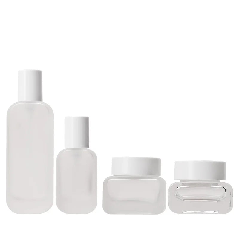 Frosted Essence Glass Bottle 30-100ml Lotion Bottle 50g square Cream Jar Cosmetics Glass Set White Cap Bottle