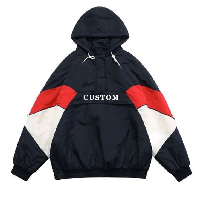 Custom Men Winter Color Block Hooded Warm Streetwear Casual Retro 1/2 Half Zipper Vintage Pullover Padded Bespoke Quilted Coat