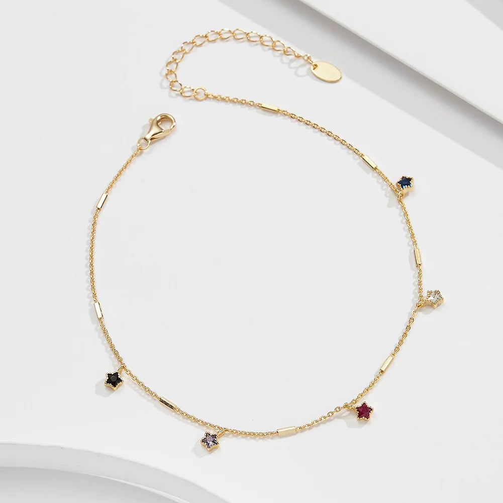 RINNTIN SA92 14K Gold Plated 925 Sterling Silver Stars Colorful Cubic Zircon Boho Tassel Female Anklet