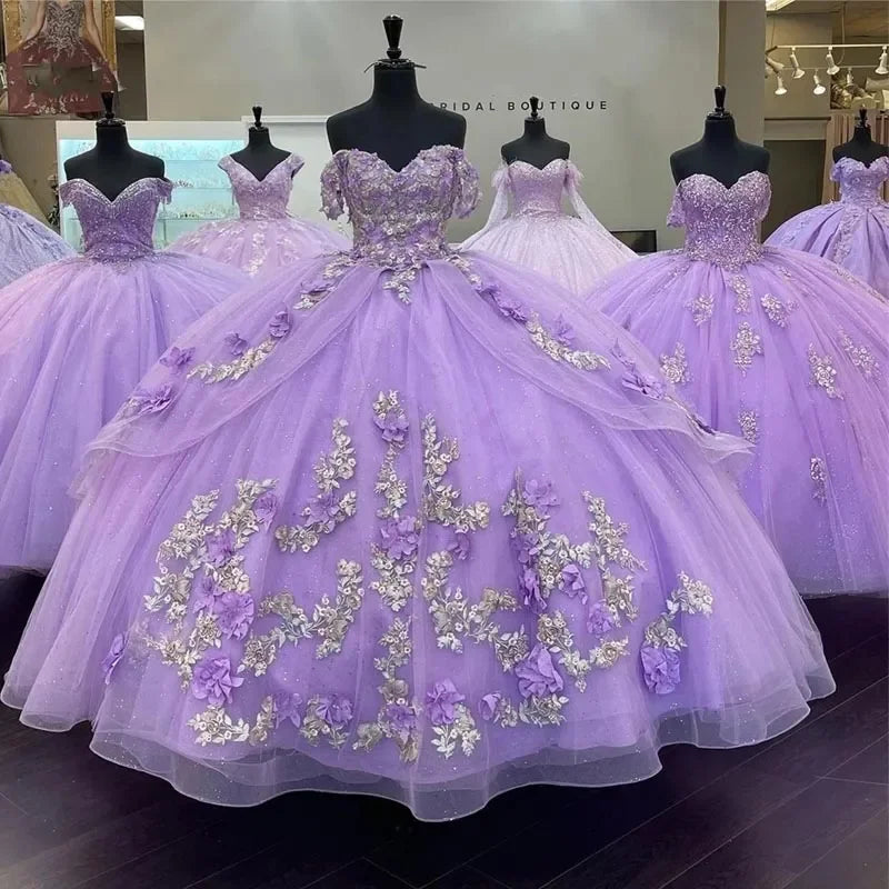 Light Purple Lace Quinceanera Dresses Ball Gown 3D Flowers Sweet 15 16 Year Princess Dress Vestidos MQ416