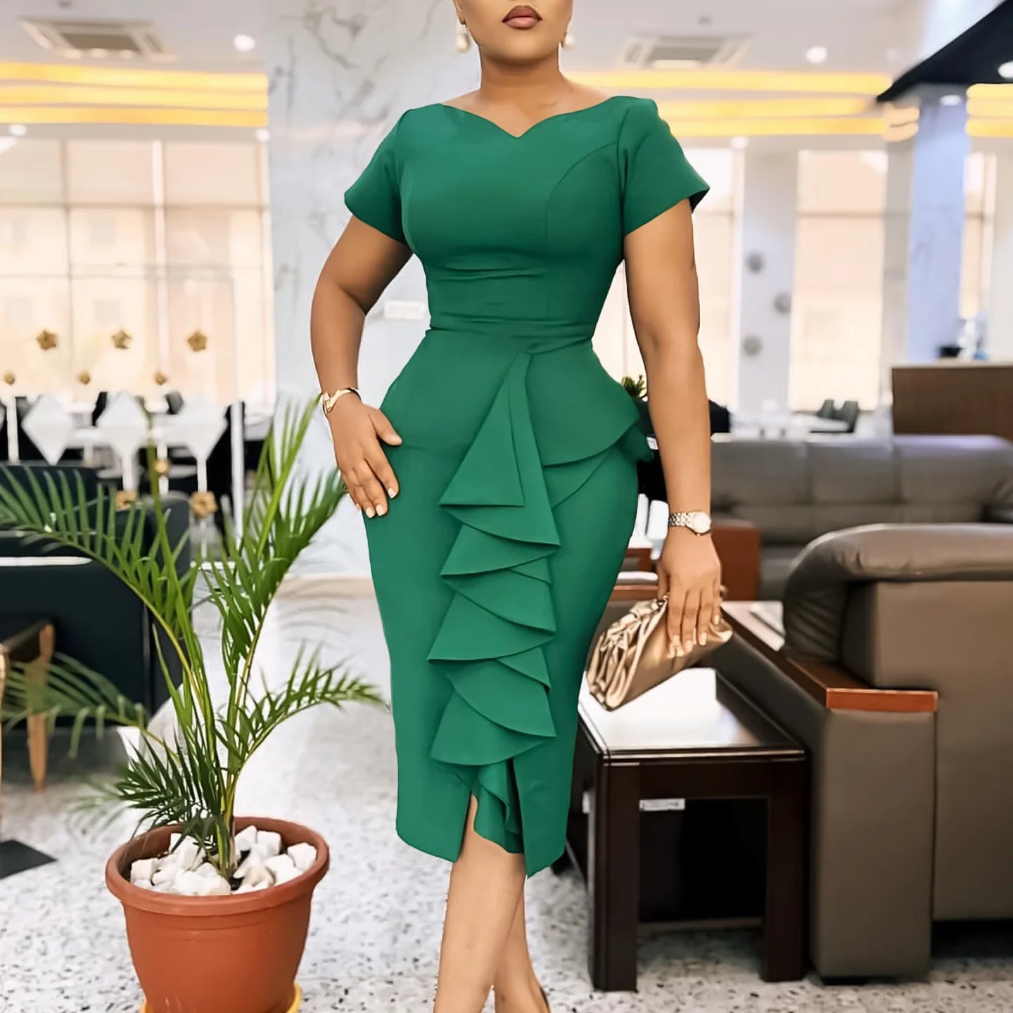 Trendy Career Dresses Short Sleeve Solid Color Hip Wrap Ruffle High Waist Office Lady Dresses for Women African Dress