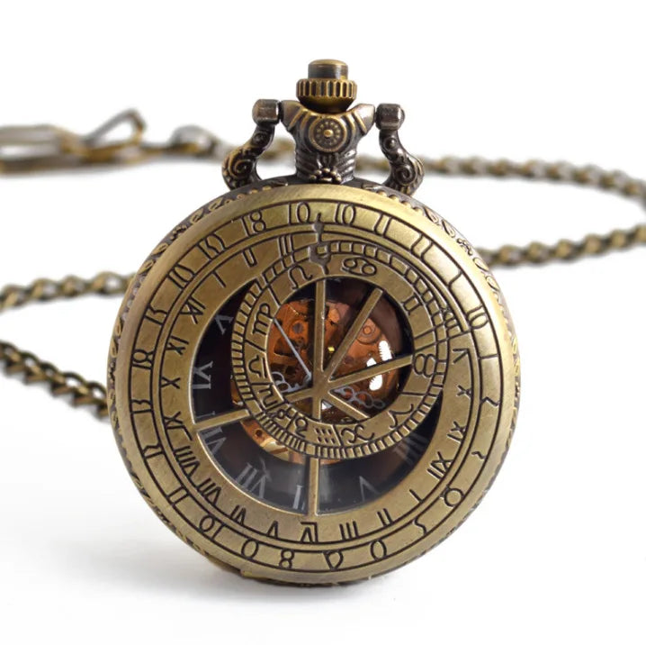 Weflourish MP012 Antique Compass Hand Winding Mechanical Hollow Pocket Watch with Roman Numerals Zinc Alloy Case 4.7CM Dial