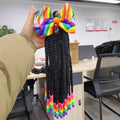 Fujia High Temperature Fiber Box Braid Ponytails with Rainbow Beads & Colorful Bow for Kids Baby Girls-Self-Adhesive Easy Apply