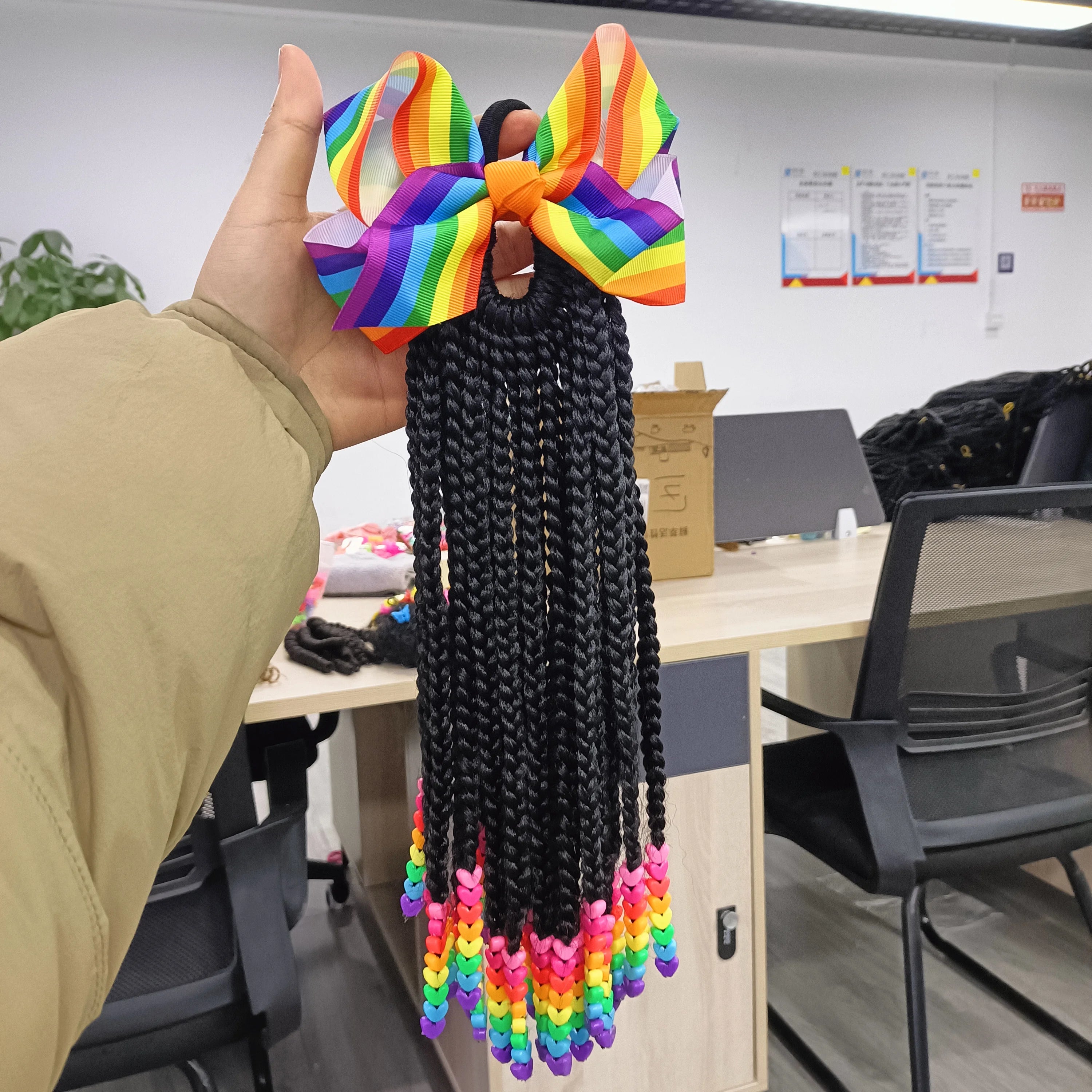 Fujia High Temperature Fiber Box Braid Ponytails with Rainbow Beads & Colorful Bow for Kids Baby Girls-Self-Adhesive Easy Apply