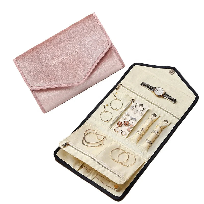 Travel Foldable Envelope Shape Soft Velvet Jewelry Case Button Closure Organizer for Earrings Necklaces Rings Bracelets