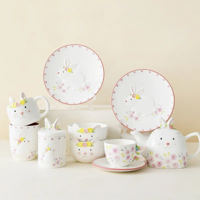 Lovely Rabbit Flower Ceramic Dinnerware Tableware Set Nordic Afternoon Tea Porcelain Cup&saucer Sets Cute Ceramics Bowls