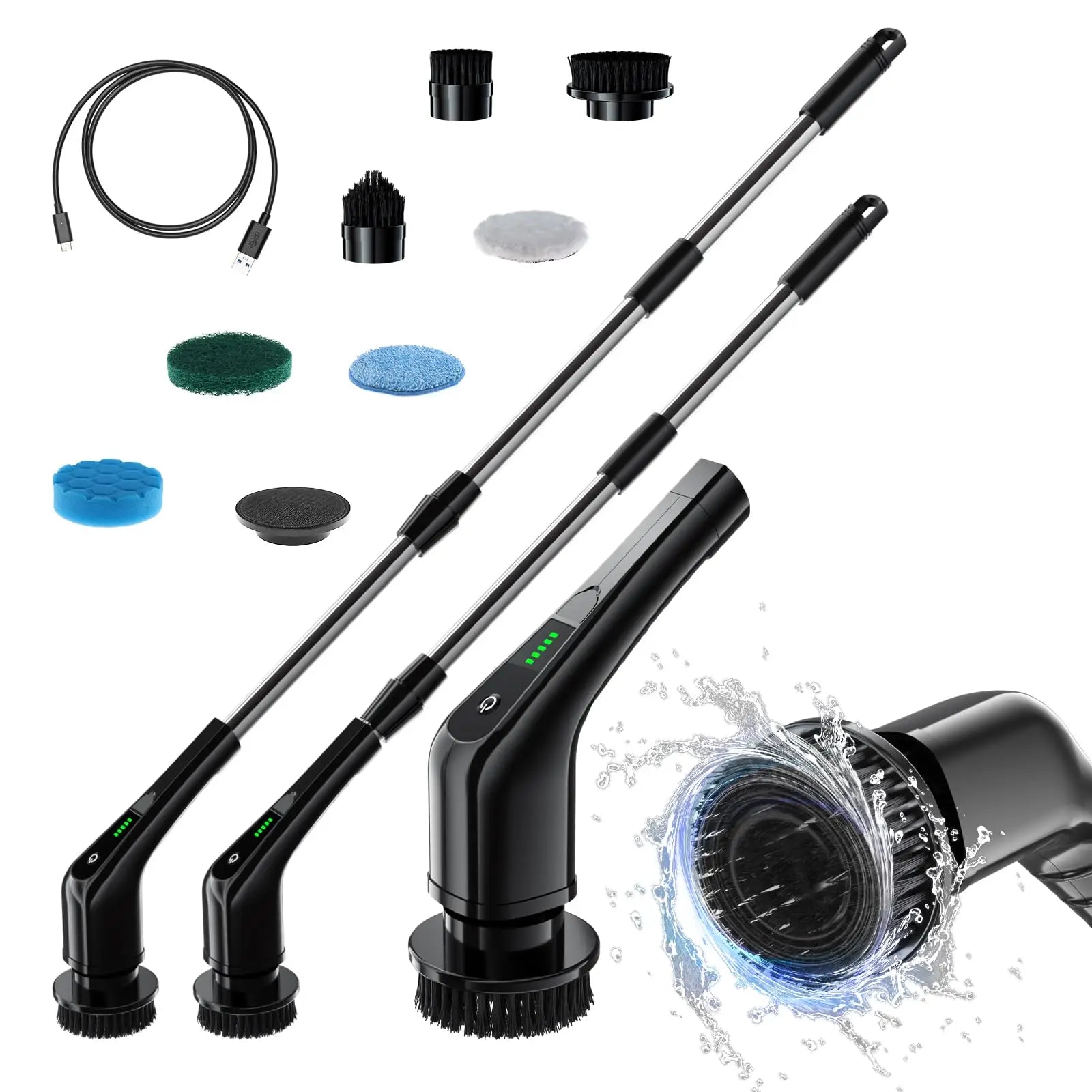 Electric Spin Scrubber Cordless Bathroom Brush with Long Handle 8 Heads 2 Speeds for Tile Grout Tub Floor White&Black