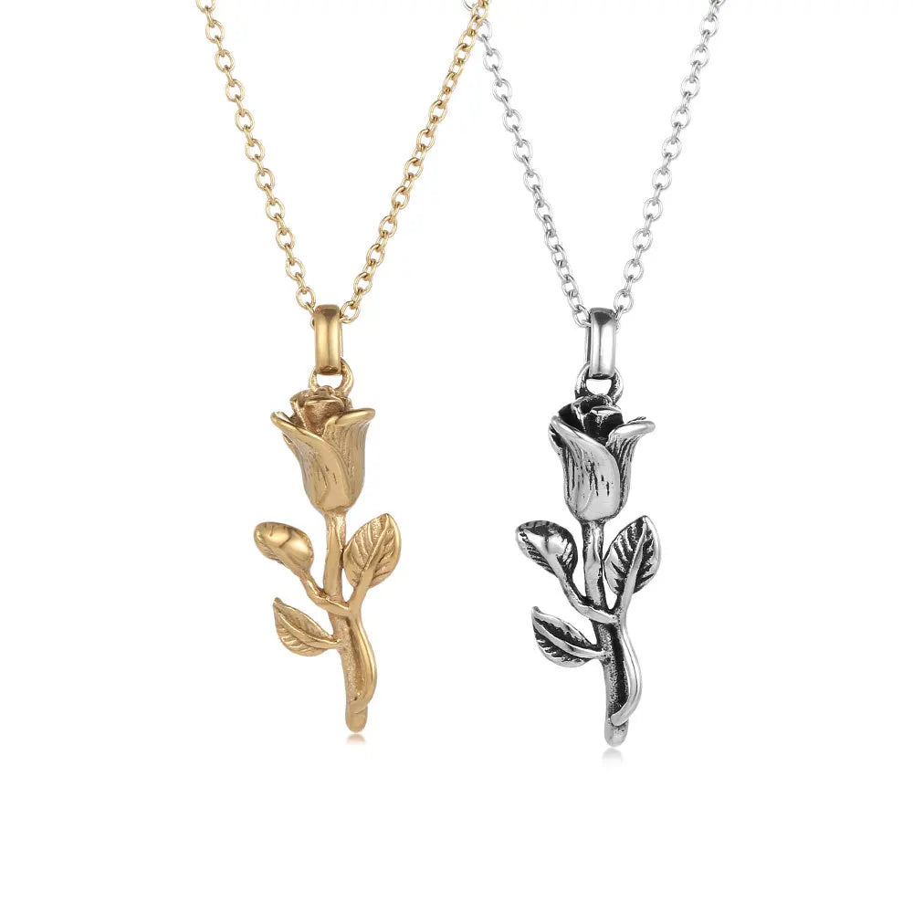 Fashion Sweater Accessories Stainless Steel Womens Rose Flower Pendant Necklace