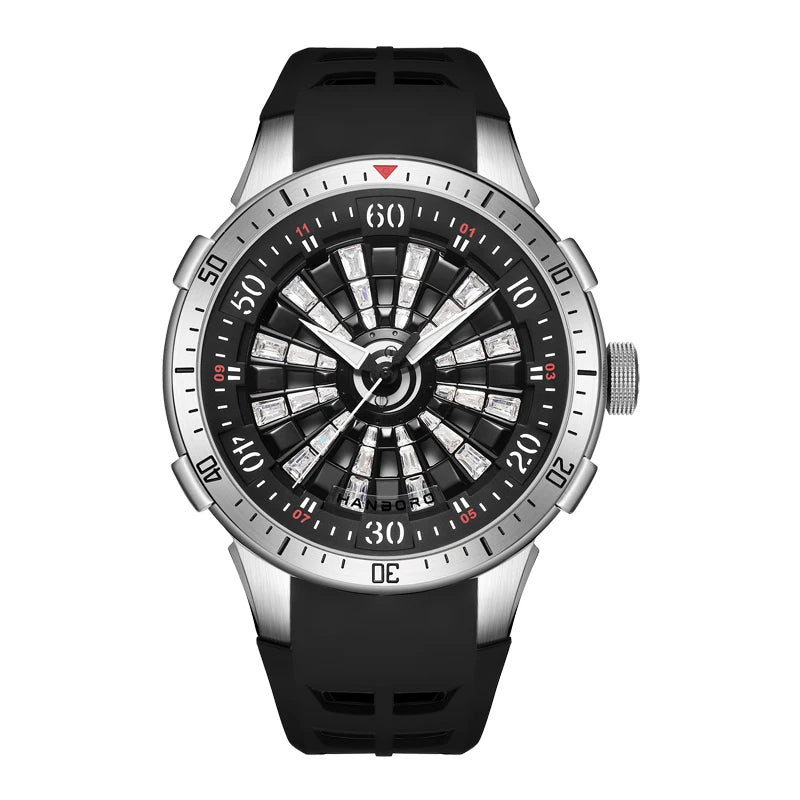 New Fully Automatic Men's Stainless Steel Flywheel Business Watch Silicone 5ATM Waterproof Hollow Luminous Dial 46mm Crystal