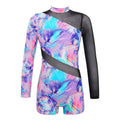 New Arrivals Kids Girls Long Sleeves Mesh Patchwork Dance Gymnastics Jumpsuit Bodysuit