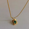 Colar Perola Stainless Steel Inlaid Oval Emerald Zircon Necklace Ladies Collar 14K Gold Plated Square Round Bead Chain Necklace