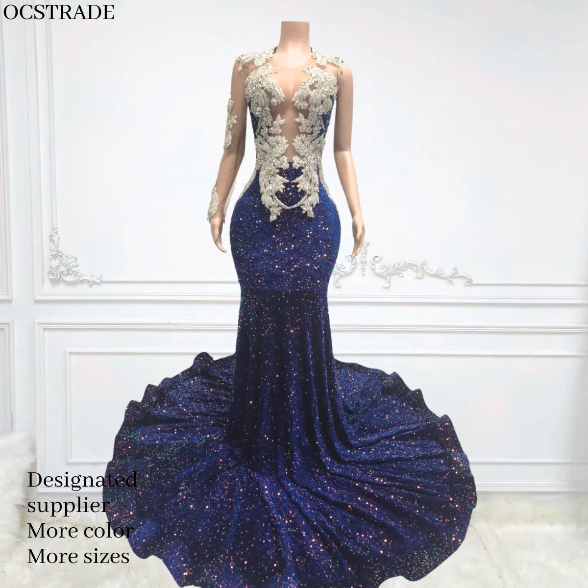 Ocstrade One Shoulder Design Mesh Sleeve Elegant Prom Dresses Glitter Crystal Sequined Maxi Prom Dresses With Long Sleeve