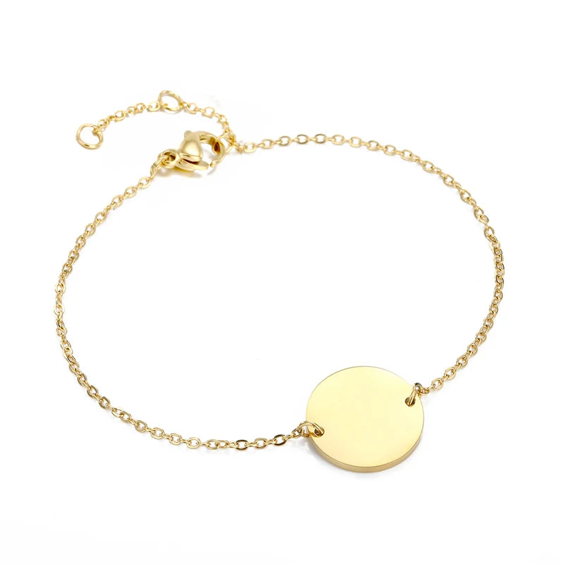 Customized Double Hole Round Tiny Tags Charm Chain Bracelet Geometric Circular Bangle 316L Stainless Steel Lettering Bracelet
