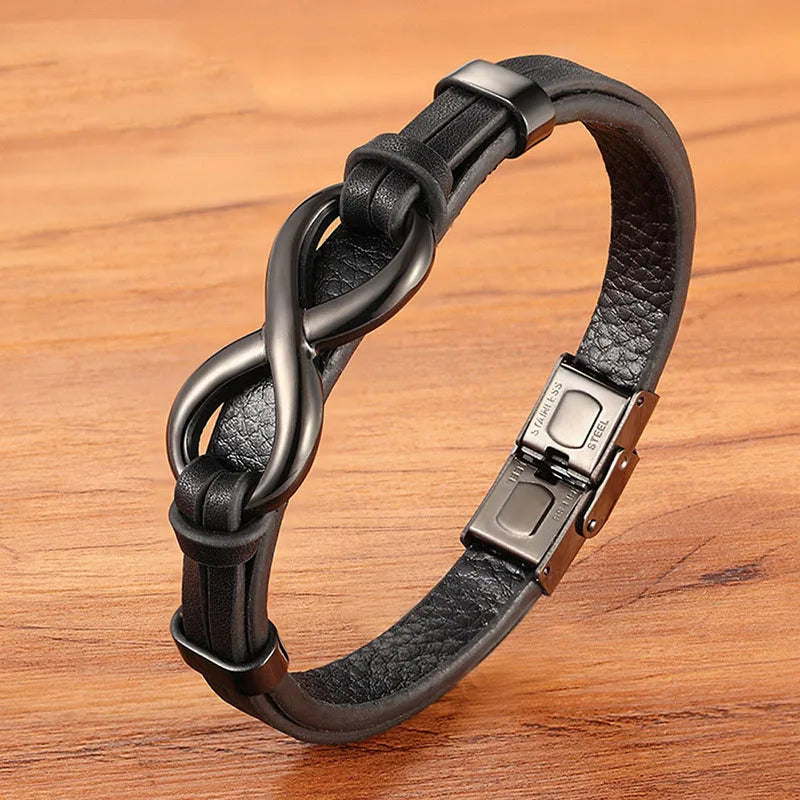 Vintage Brown Genuine Leather Bracelet Unisex Infinity Sign Charm Bracelet 8-shape Link Leather Bracelet for Men Jewelry Gift