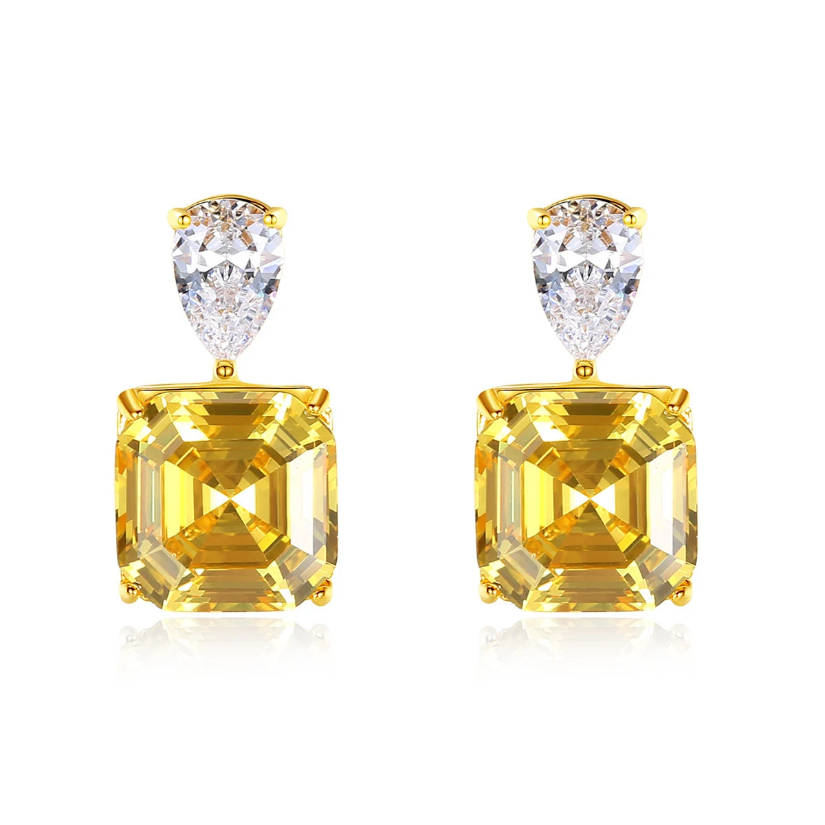 Fashion Fine Jewelry Luxury Earrings 925 Sterling Silver 18k Gold Full Diamond Cubic Zirconia Yellow square Stud Earrings