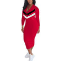 Spring Active Wear Long Sleeve Zipper up Dress Casual Striped Splicing Women Sports Moto Biker Bodycon Midi Dress