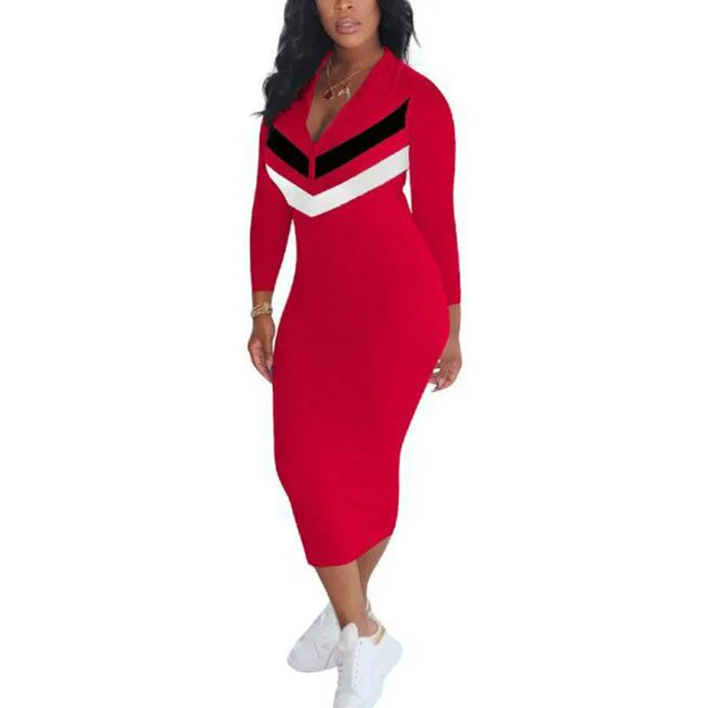 Spring Active Wear Long Sleeve Zipper up Dress Casual Striped Splicing Women Sports Moto Biker Bodycon Midi Dress