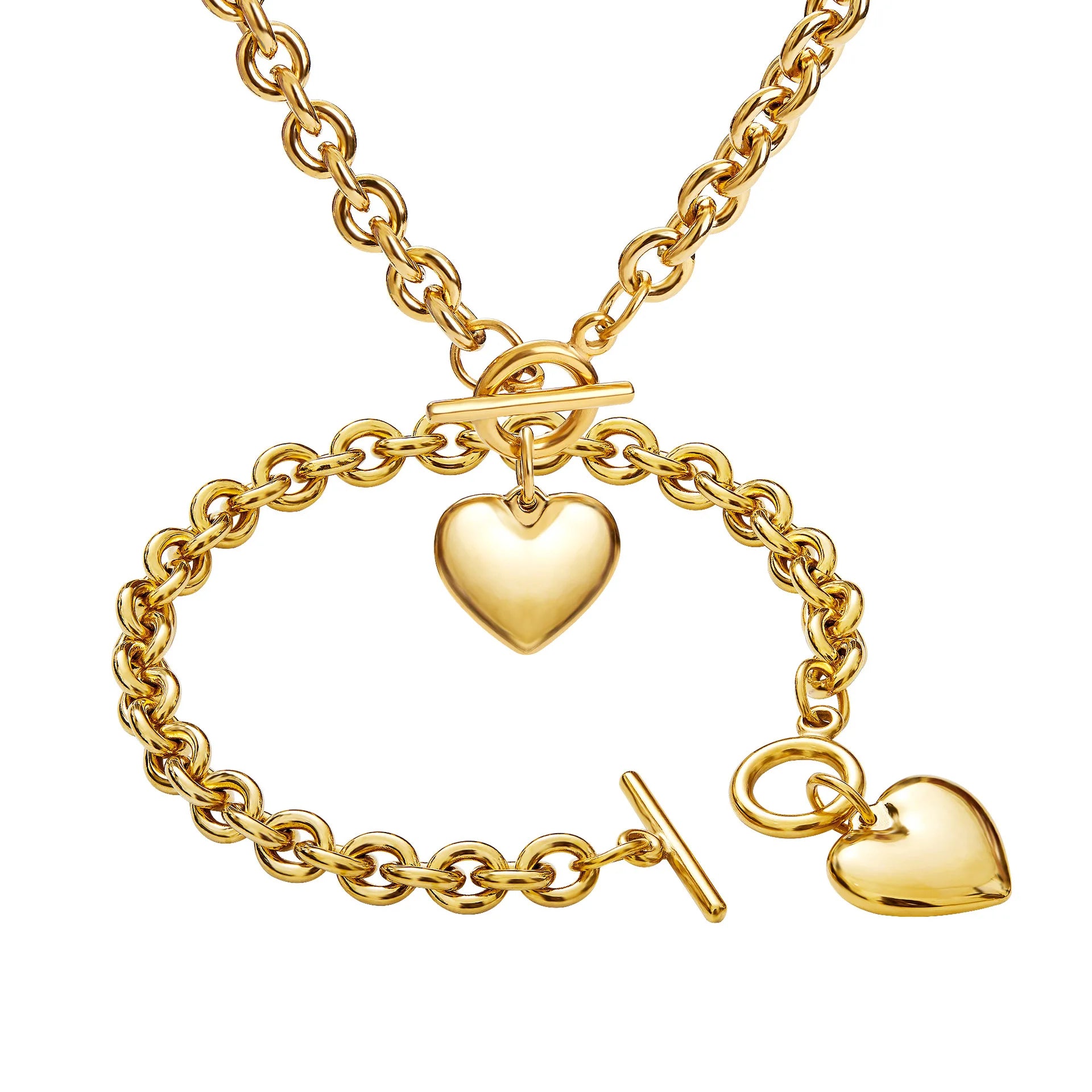 Waterproof Jewelry Heart Charms Toggle Clasp 18k Stainless Steel Chain Necklace and Bracelet Set