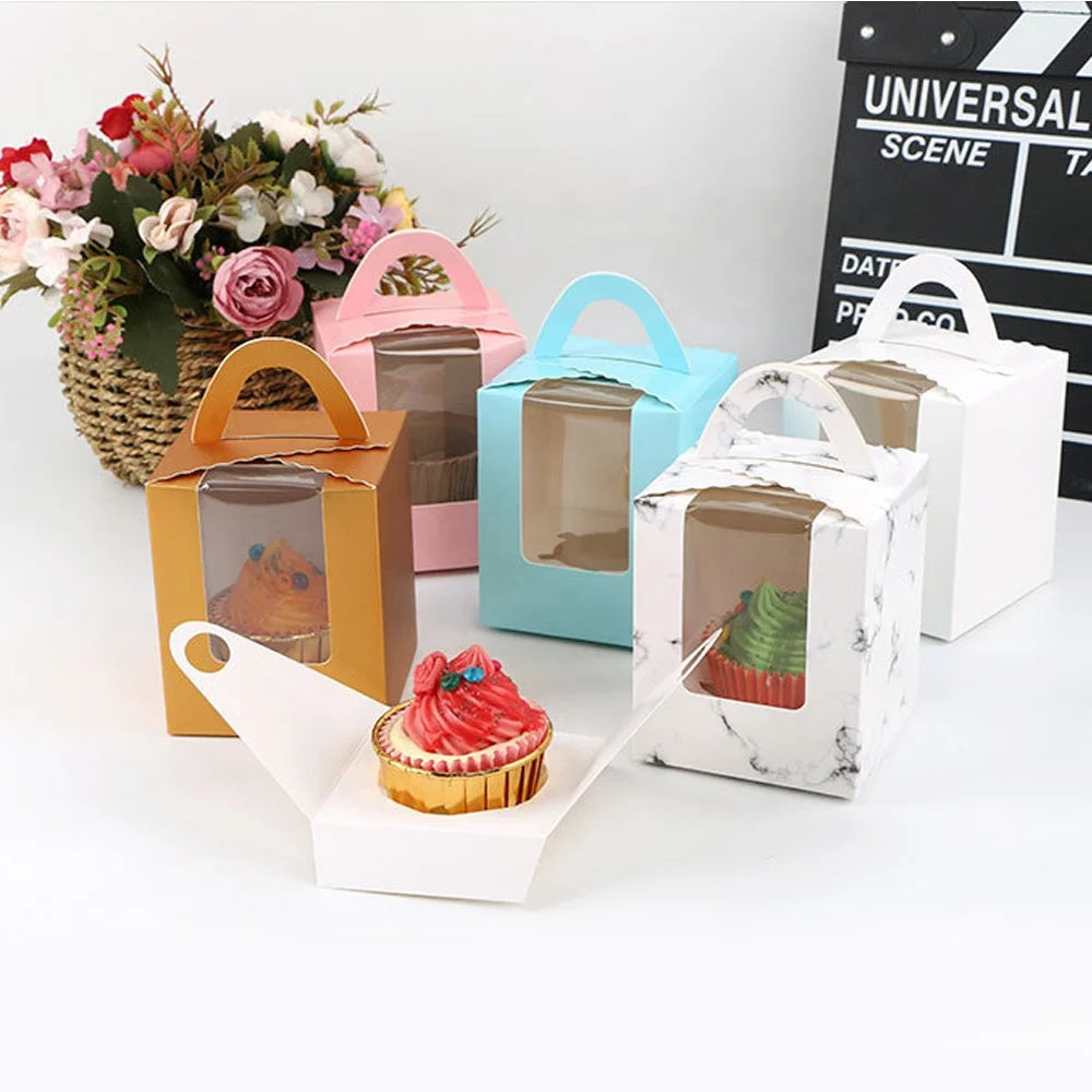 Transparent Window Folding 1 Holes Portable Muffin Box Cupcake Cup Clear Windows Cake Paper Packaging Boxes With Handle
