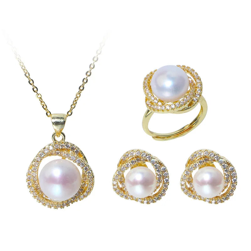 Pearl Lady Jewelry Set Pearl Necklace Ring Earring Three Piece Wedding Celebration Jewelry Set
