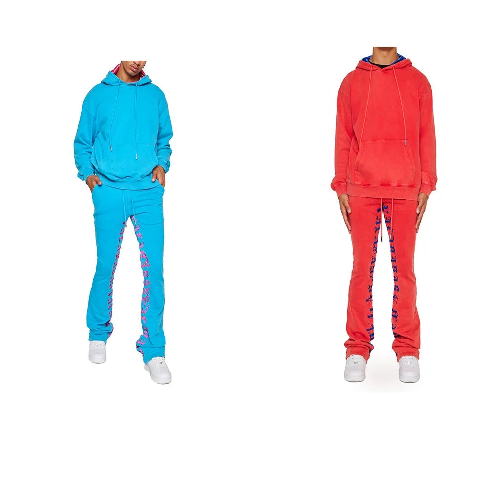 KY New Unisex Acid Washed Embroidery Inseam Sweatpants Hoodie Set Custom Retro Tracksuits Flare Stacked Satin Hoodie Wholesale