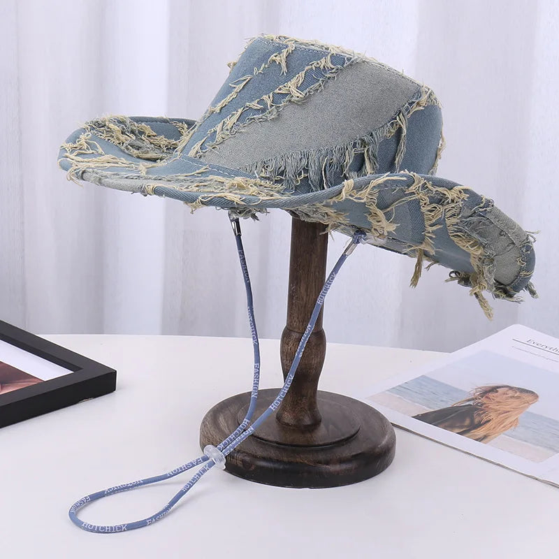 Wholesale New Wide Brim Western Cowboy Hat for Man Woman Washed Denim Outback Hats Factory Custom Cowboy Hat