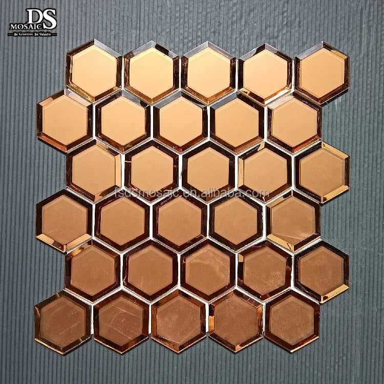 Brown Color Hexagon Shape Self Adhesive Mirror Glass Electroplated Tiles Mosaic Peel and Stick Mosaiken