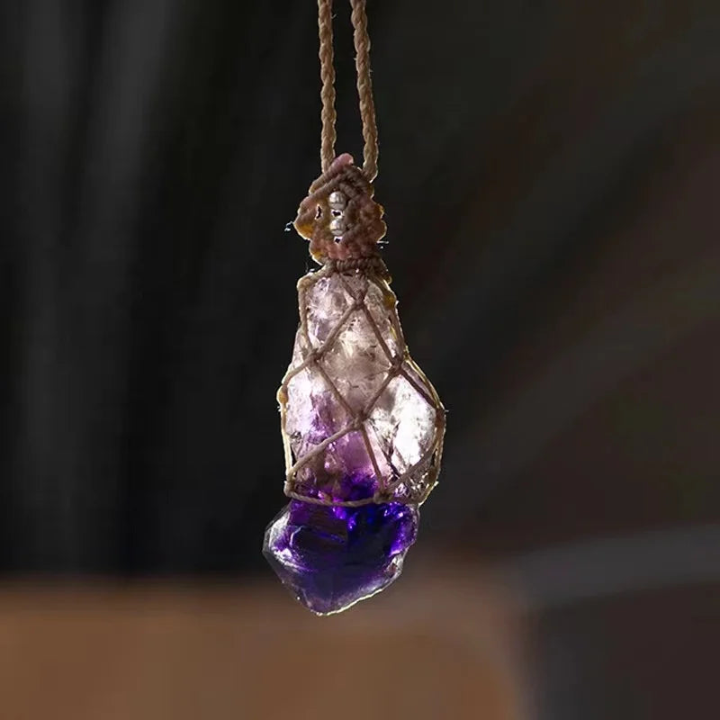 Hand Made Weaved Super Seven Raw Stone Pendant Necklace Ancient Energy Crystal for  Reiki Healing