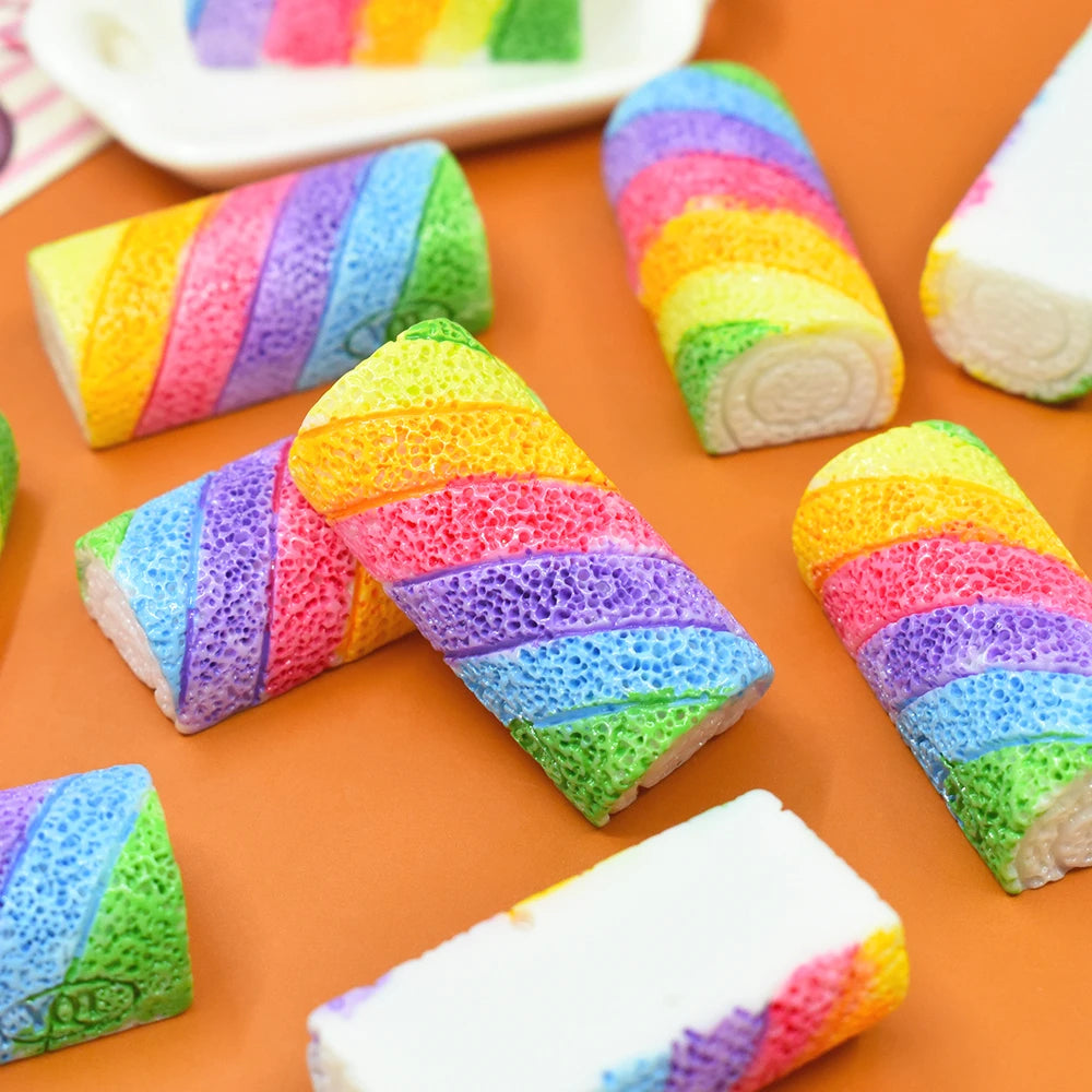 Rainbow Cake Roll Resin Flatback Cabochon for Diy Jewelry Making Earrings Keychain Pendants Doll House Miniature Toy