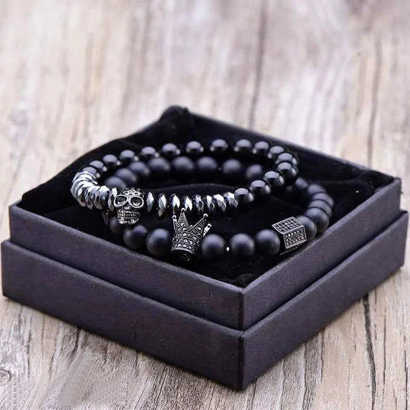 Pulseras De Hombre Natural Moonstone Matte Oxyn Stone Men Beaded Skull Skeleton Crown Jewelry Bracelets Set for Women MegaBDM