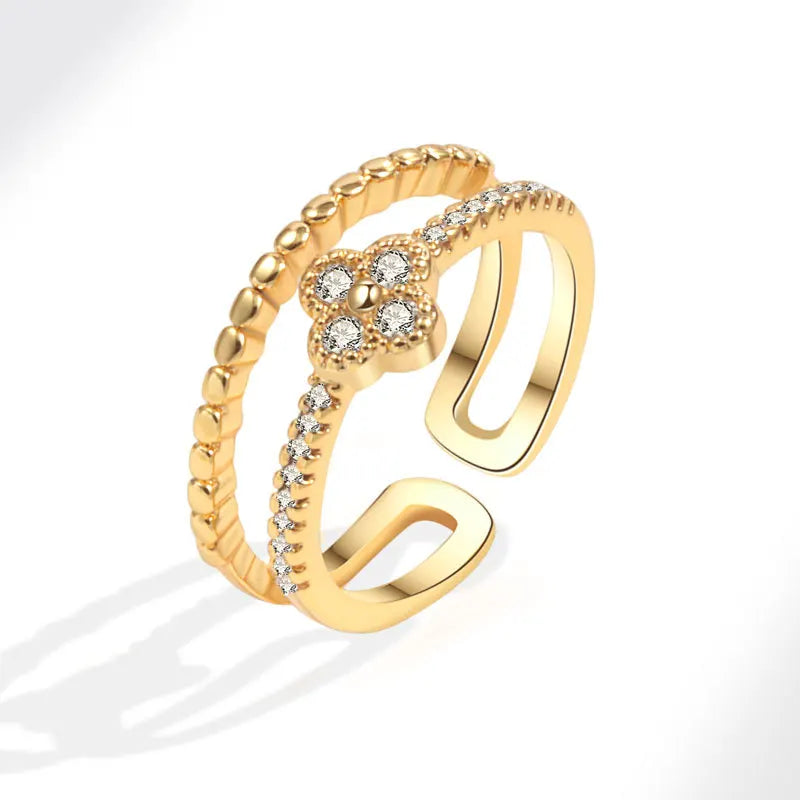 Luxury Diamond 18K Gold Plated Double Layers Rings for Women Girls Flowers Wedding Adjustable Finger Ring Jewelry