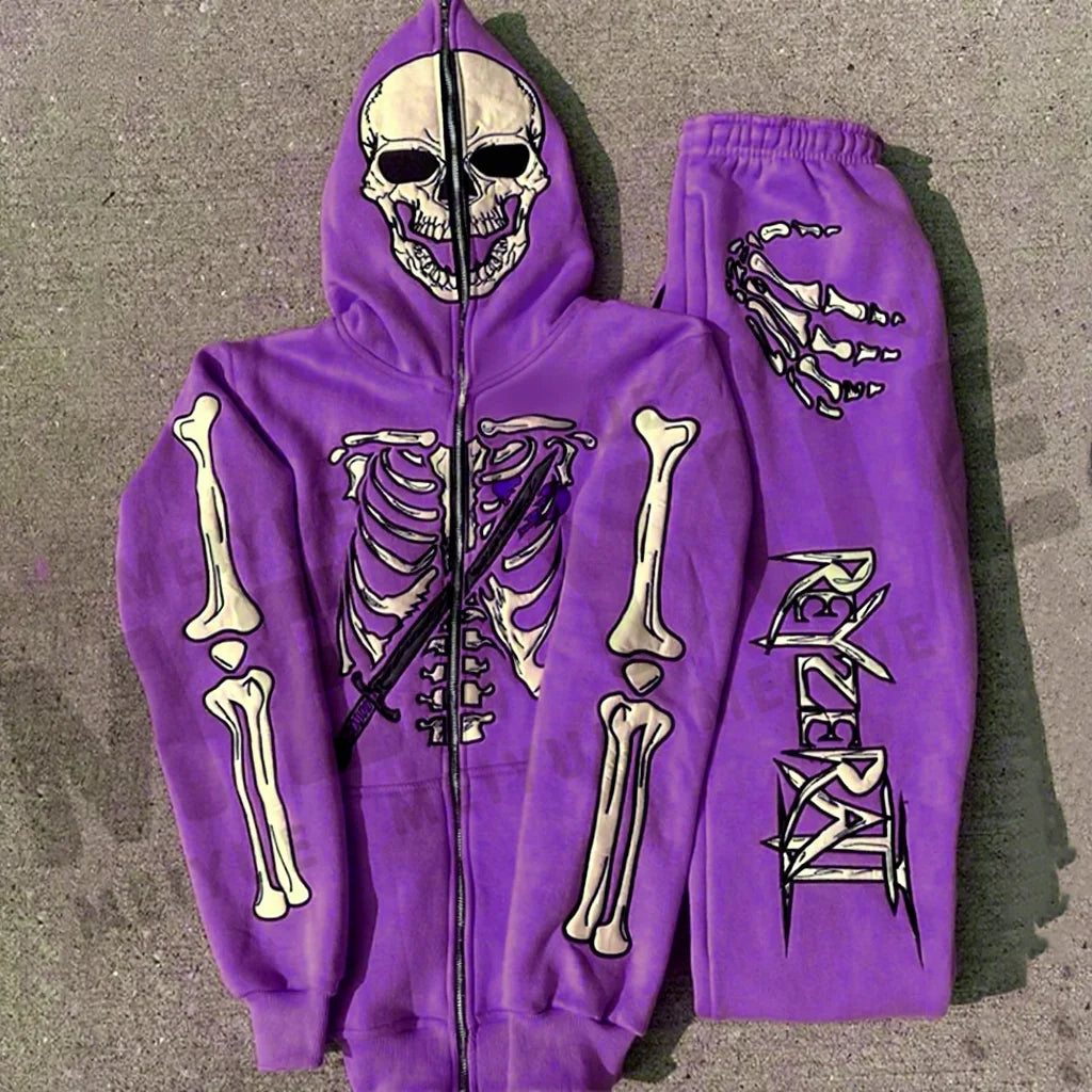 Custom Embroidery Skeleton Sweatsuit Full Face Zip Hoodie and Sweatpants Two Piece Set Men Track Suit Sportswear Sweat Suits